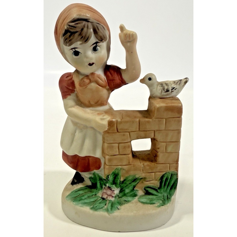 Flambro Girl with Bird Figurine Vintage Small Multicolor Porcelain Bisque Matte